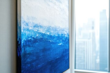 Abstract blue ocean painting on canvas, depicting serene water and sky.