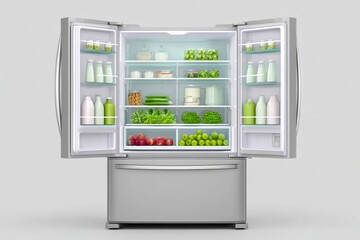 A large French door refrigerator open showing fresh produce and dairy