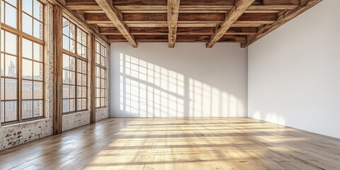 Empty loft space with wooden beams and large windows