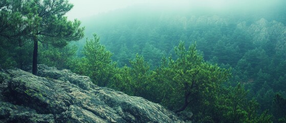 Fototapeta premium Misty mountaintop vista of pine trees and rocks.