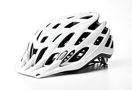 A close up of a bicycle helmet on a white background.