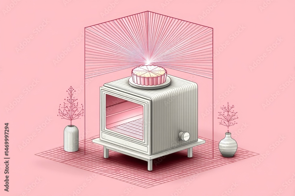 Poster A minimalist line drawing of an oven with a single pie inside and clean geometric framing