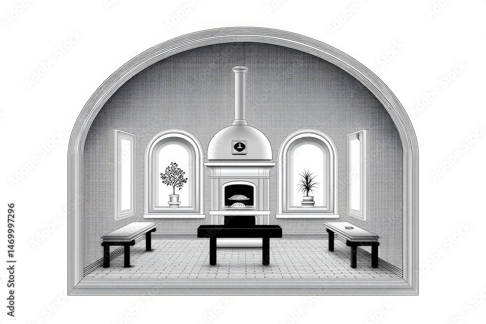 Poster a minimalist line drawing of an oven with a single pie inside and clean geometric framing