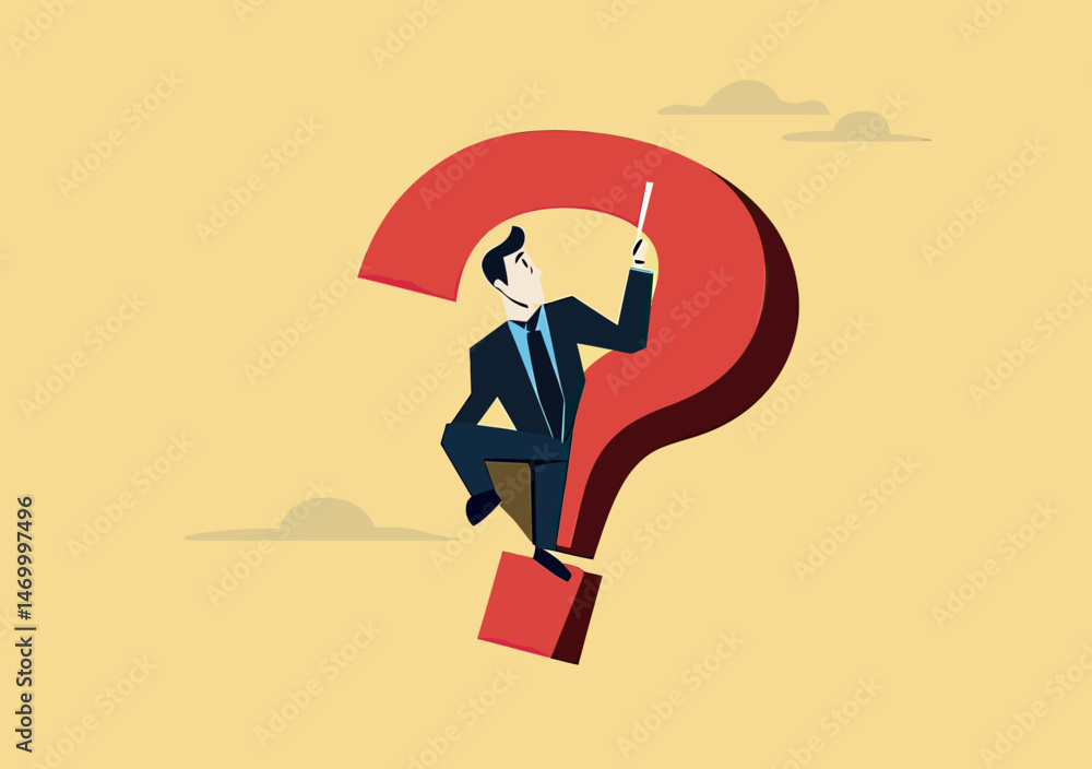 Poster businessman sitting on large red question mark holding pointer silhouette concept for problem solvin