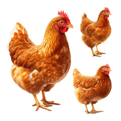 Fototapeta premium Three Beautiful Brown Chickens in a Farm Setting , isolated on white background png