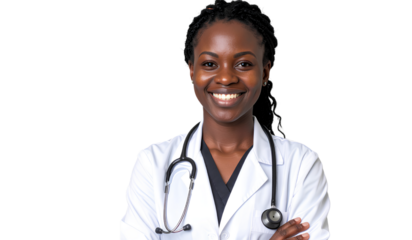 Smiling Black Female Doctor in White Coat, Transparent Background