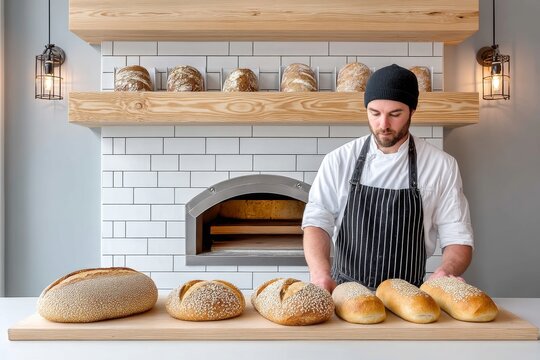 A professional baker opening a steam-injected bread oven in an artisanal bakery