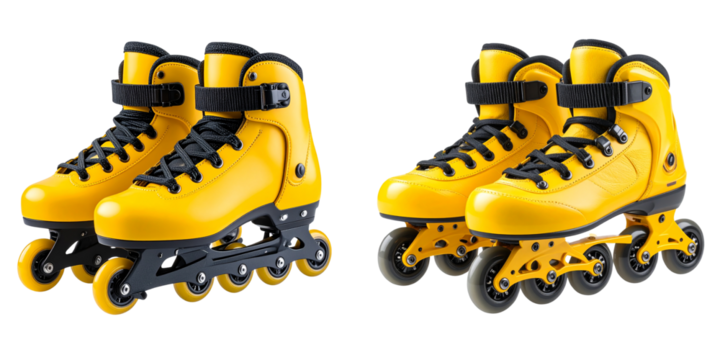Bright Yellow Inline Skates with Black Accents and Four Wheels, isolated on transparent background PNG - Powered by Adobe