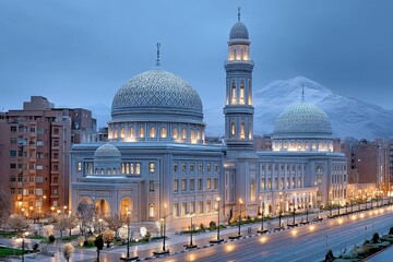 Obraz premium A rooftop view of a Middle Eastern city with domed architecture and evening prayers echoing