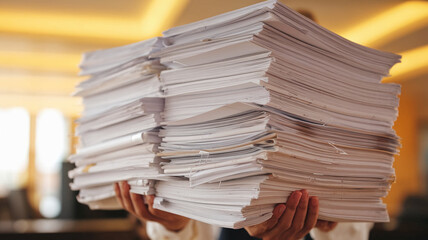 Large stack of white papers held by hands, blurred background suggesting an office environment, symbolizing workload, paperwork, or office life