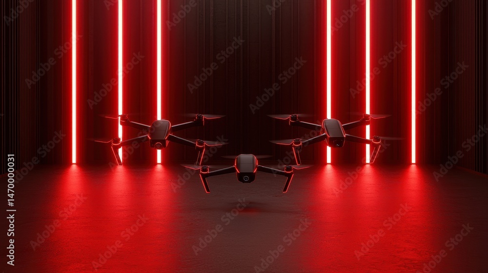 Poster three drones hover in a dark room illuminated by striking vertical red neon lights.