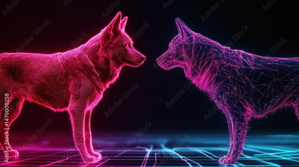 Poster a real dog faces a glowing digital wireframe dog on a neon grid background, blending nature with tec