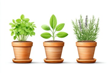 Fototapeta premium A simple depiction of three herbs in labeled pots placed evenly in a row