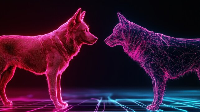 A real dog faces a glowing digital wireframe dog on a neon grid background, blending nature with technology.