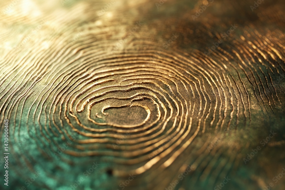 Poster close-up of concentric circular patterns on a metallic, bronze-like surface with a teal undertone.