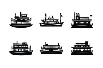 Obraz premium Steamboat silhouette vector illustration, Set of Steamboat silhouette
