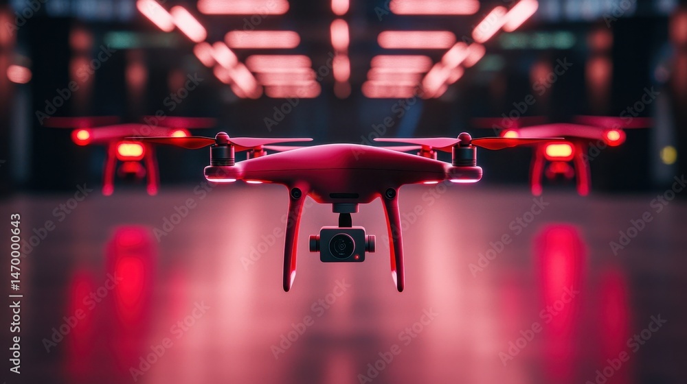 Poster a red drone with a camera hovers indoors, illuminated by futuristic red lights in a modern, high-tec