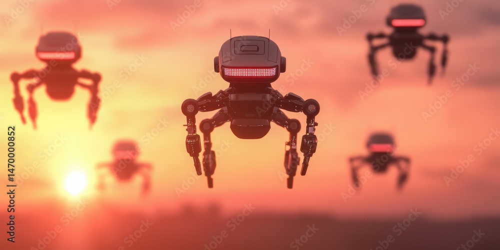 Poster four robotic drones with glowing lights fly through the sky at sunset, creating a futuristic and sci