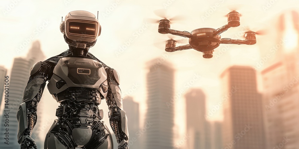 Aufkleber a futuristic robot and flying drone stand against a city skyline with tall buildings in the backgrou