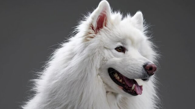 Joyful samoyed dog turning head and smiling in slow motion closeup