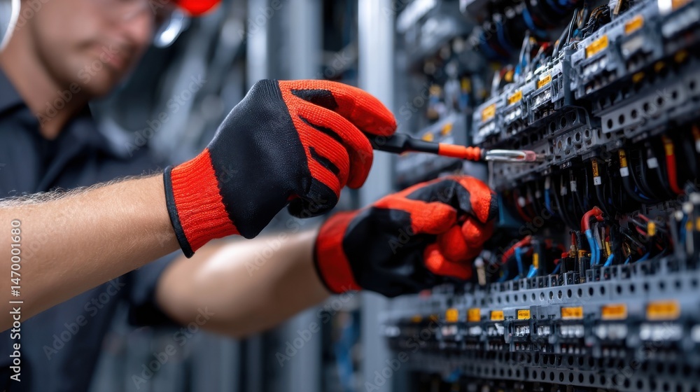 Poster a man is working on a power box with his hands in red gloves