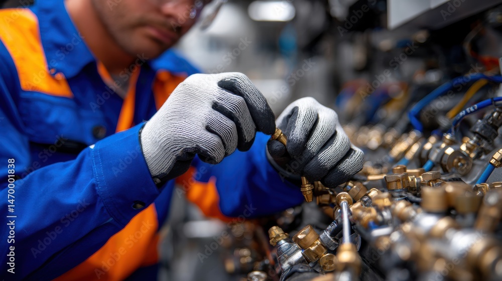 Poster a man in a blue and orange uniform is working on a machine