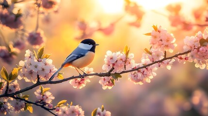 Fototapeta premium A serene closeup of a bird perched on a blooming tree branch, beautifully silhouetted against the light, radiating tranquility.