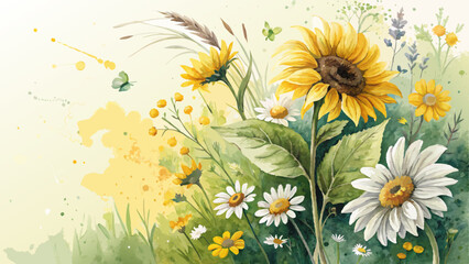 Vibrant Watercolor Sunflower & Daisy Background – Lush Yellow & Green Floral Celebration of Summer Abundance with Copy Space
