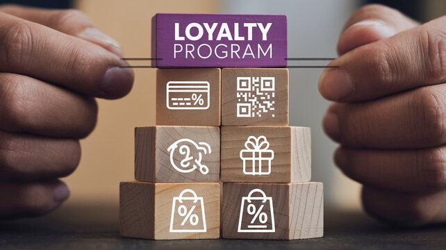 Wooden blocks showcase loyalty program concept, featuring icons of credit card, QR code, gift, and shopping bags, symbolizing rewards and benefits