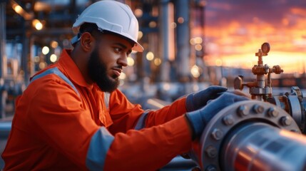 A man in an orange shirt is working on a pipe
