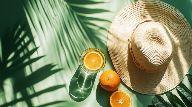 Summer flay lay with a straw hat glass of water, and oranges