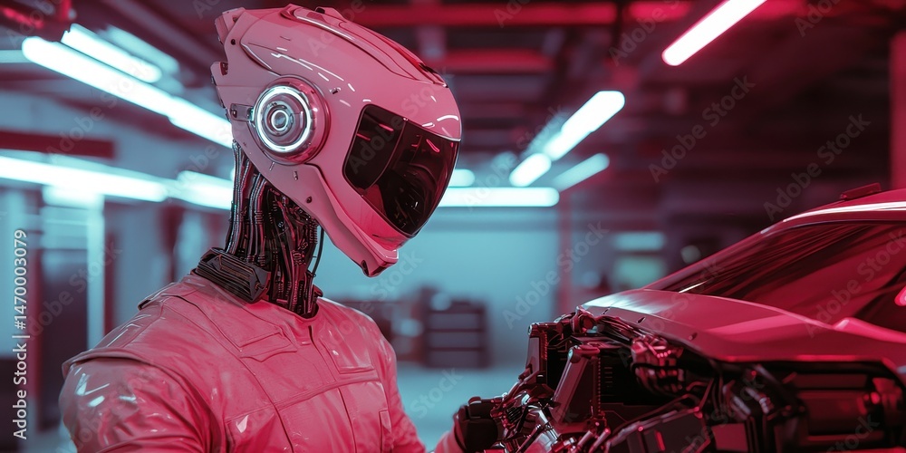Poster a humanoid robot works on a car in a futuristic, neon-lit garage, highlighting advanced technology a
