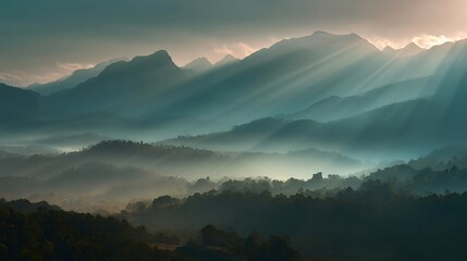 Sunrise over misty mountain range with sun rays, serene landscape .
