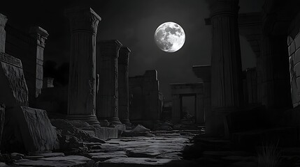 Fototapeta premium Ancient columns under the full moon at night