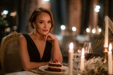 Stylish woman in evening dress at candlelit dinner table with cake, celebrating 30th birthday in upscale restaurant, warm luxury ambiance
Generative AI