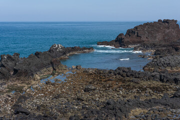 Volcanic Rocky Coastline Landscape, Natural Blue Tones, Jeju South Korea Umutgae Coast Seongsan Ilchulbong, Tranquil Ocean View, No Person
