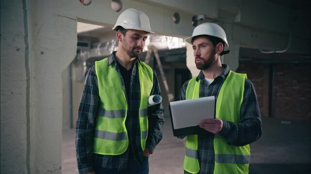 Two glad Caucasian men builders discuss building project in construction architects handymen talking paper draft workmen guys working document manufactory contractors smile shake hands deal handshake