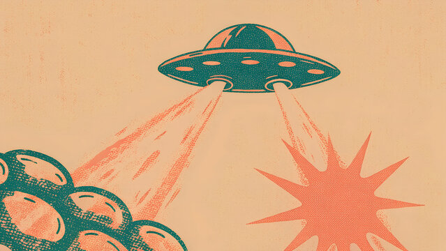 "Mysterious Watercolor UFO Silhouette &ndash; Ethereal Blues & Greens with Stark Black Alien Craft Hovering, Intriguing Sci-Fi Background with Copy Space