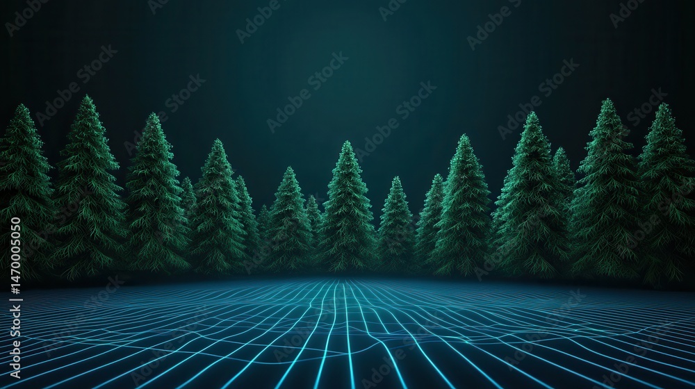 Poster futuristic digital forest scene with glowing grid ground and pine trees under a dark teal sky.