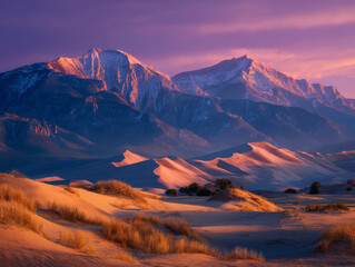 Rolling Sand Dunes and Majestic Mountains at Sunset