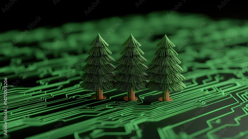 Poster three pine trees stand on a green digital circuit board, blending nature with technology in a futuri