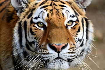 Fototapeta premium Intense Close-Up of a Bengal Tiger's Face with Glowing Eyes