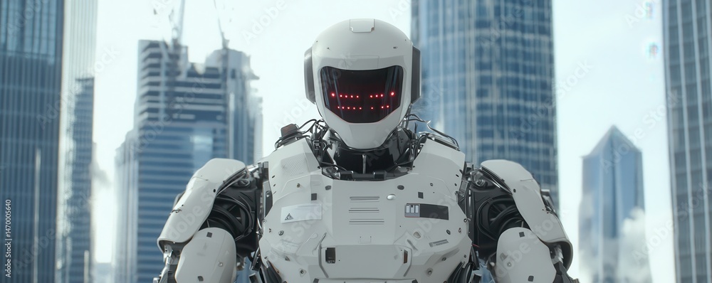 Poster a futuristic robot stands in a cityscape surrounded by modern skyscrapers, symbolizing advanced tech