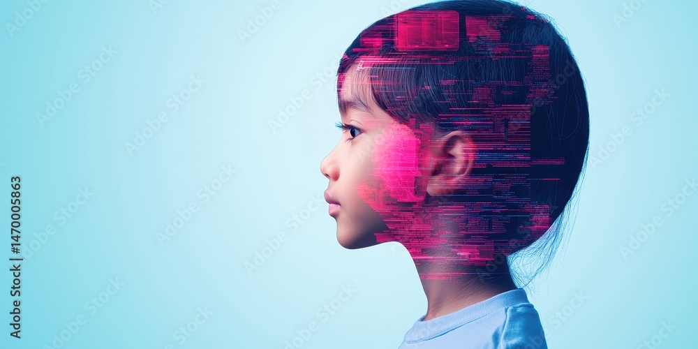 Poster A child in profile with digital code overlay, symbolizing artificial intelligence and technology integration with the human mind.