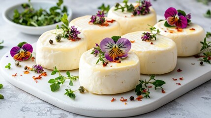 Artisan Local Cheese Concept, Elegant Goat Cheese Rounds Garnished with Edible Flowers and Fresh Herbs on a Rustic Serving Board