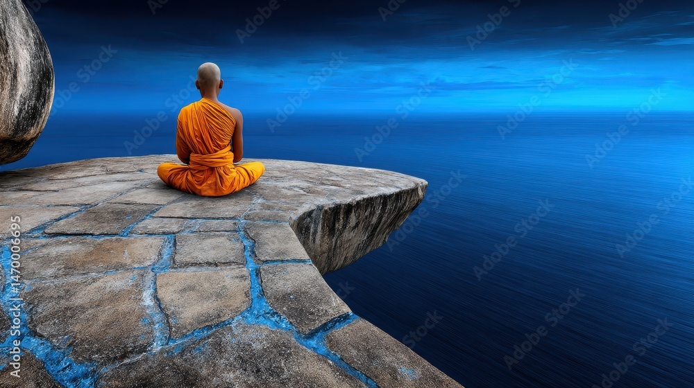 Poster serene monk meditating on edge of cliff overlooking cosmic ocean during inner silence and reflection
