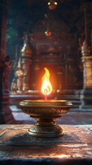 A lit candle in a Hindu temple with copy space vertically. 9:16