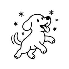 A playful dog with its head tilted up, tongue out, trying to catch falling snowflakes, drawn in a joyful thin-line style.