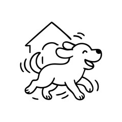 A dog running wildly in circles with exaggerated motion lines, ears flopping and big smile, full of chaotic joy.