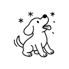 A playful dog with its head tilted up, tongue out, trying to catch falling snowflakes, drawn in a joyful thin-line style.